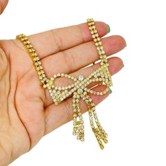 Vintage gold tone rhinestones bow designer necklace