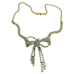 Vintage gold tone rhinestones bow designer necklace