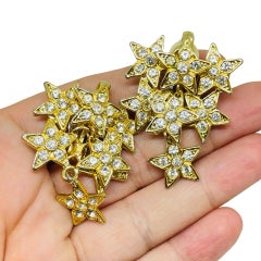Vintage gold tone rhinestones dangle stars designer clip on earrings