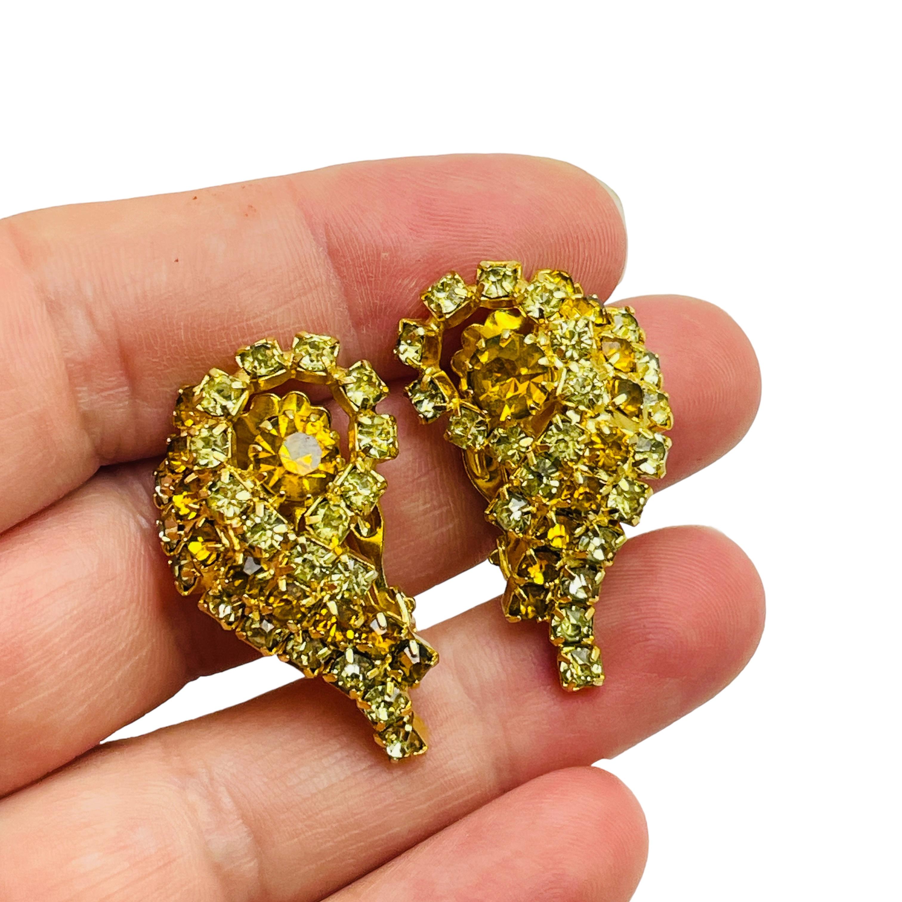 Women's Vintage gold tone rhinestones designer clip on earrings For Sale