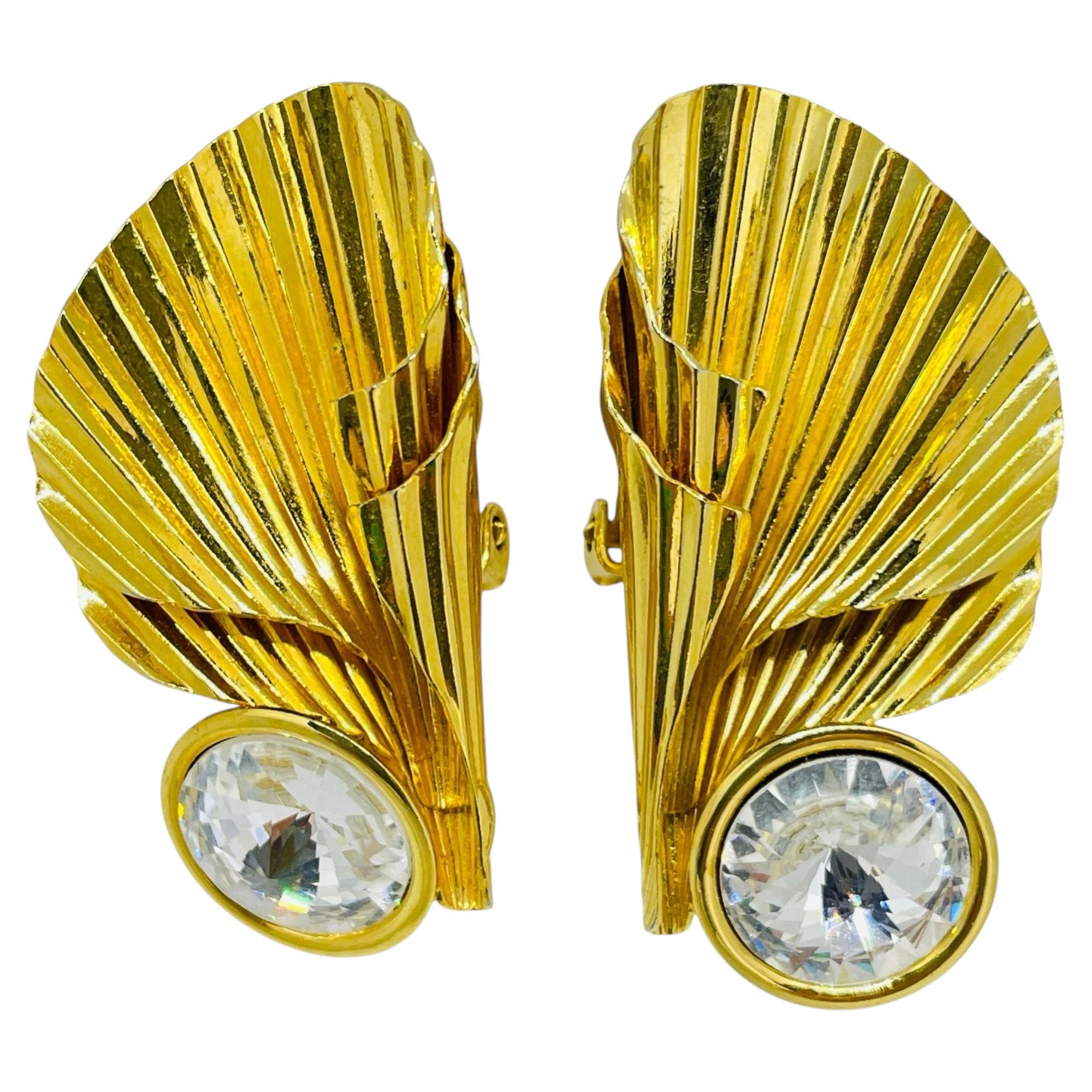 Vintage gold tone rhinestones designer clip on earrings