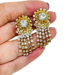 Vintage gold tone rhinestones designer dangle clip on earrings