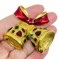 Vintage gold tone rhinestones enamel Christmas holiday bells bow designer brooch