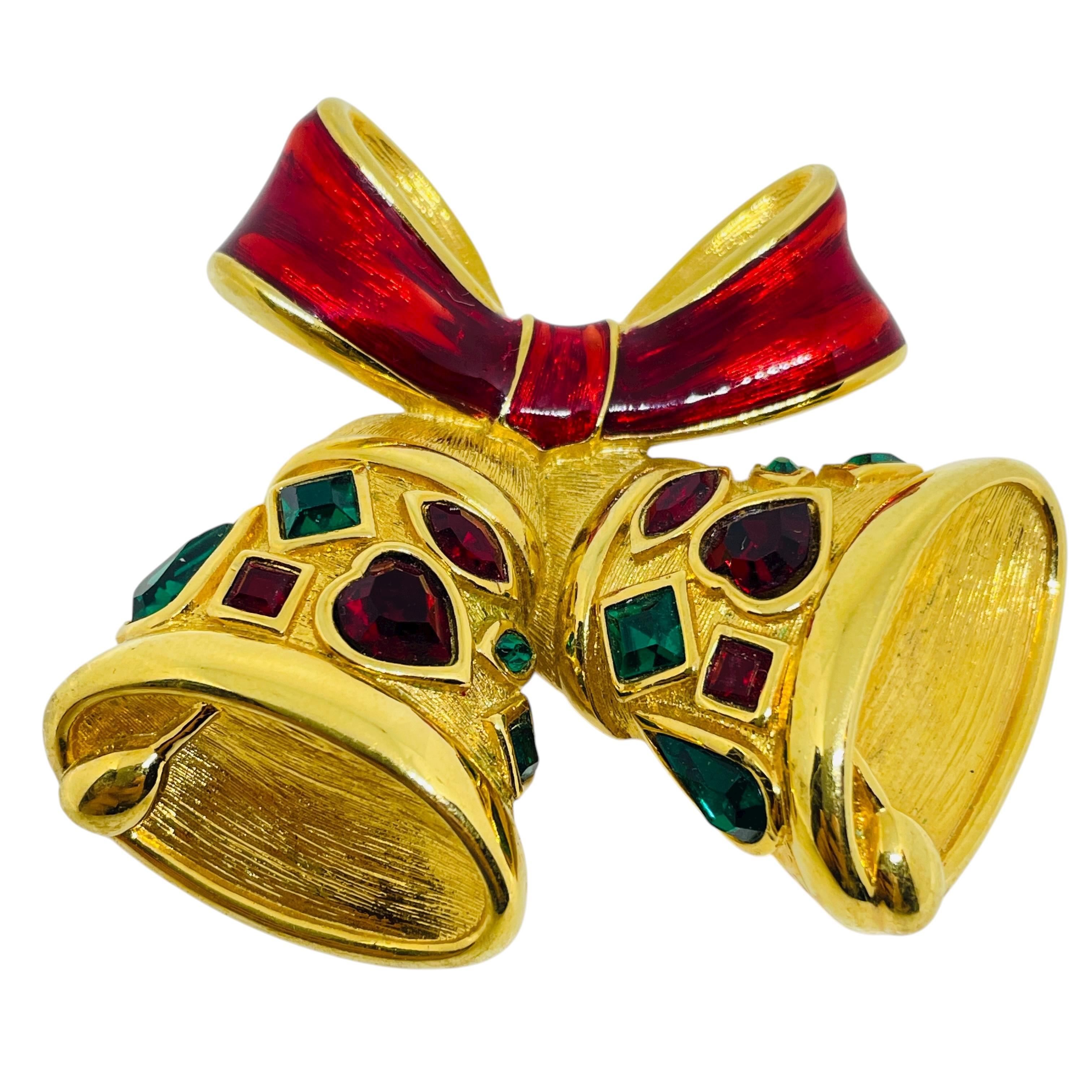 Broche Vintage Gold tone rhinestones enamel Christmas holiday bells bow designer brooch