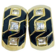 Vintage gold tone rhinestones enamel designer clip on earrings
