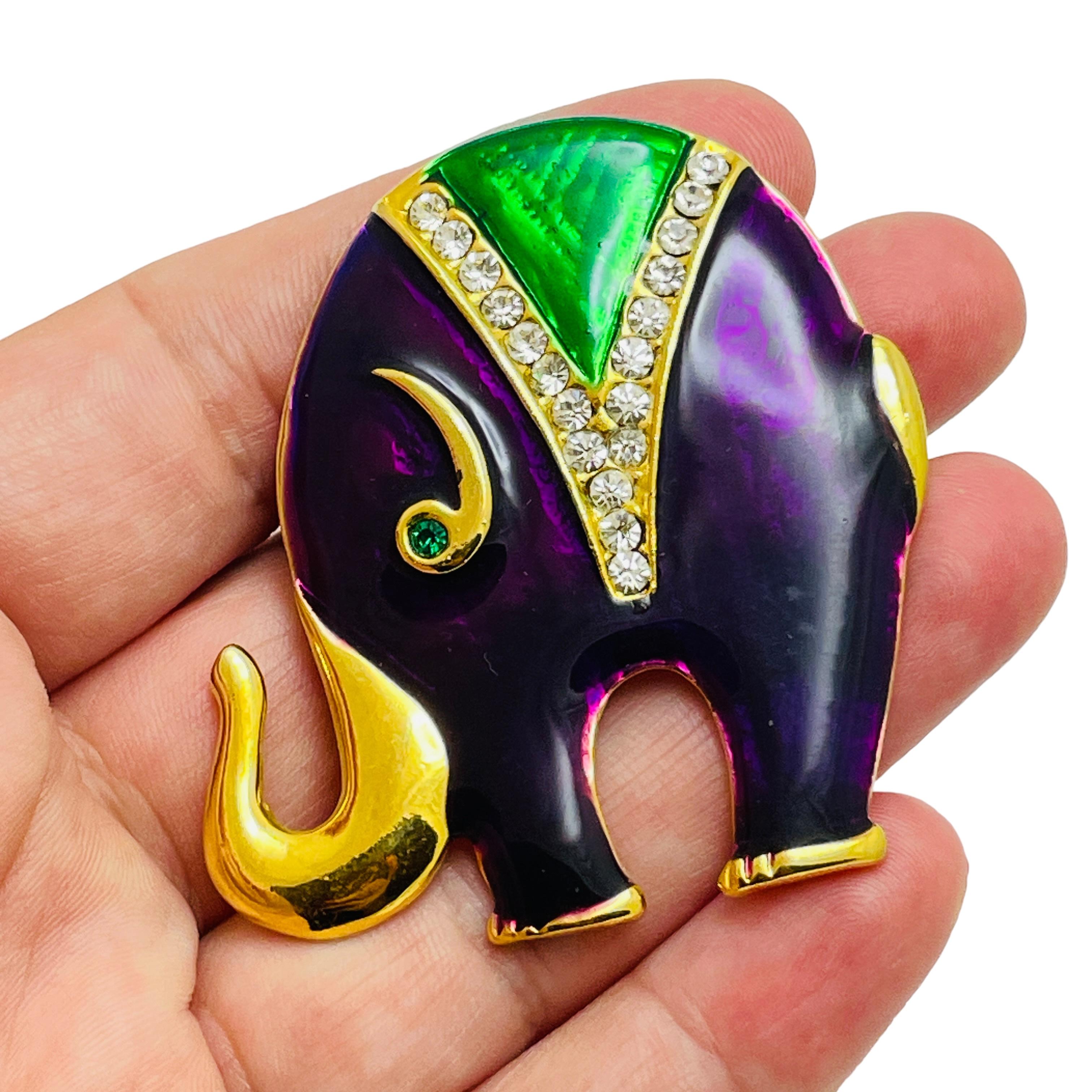 Women's Vintage gold tone rhinestones enamel elephant designer brooch For Sale