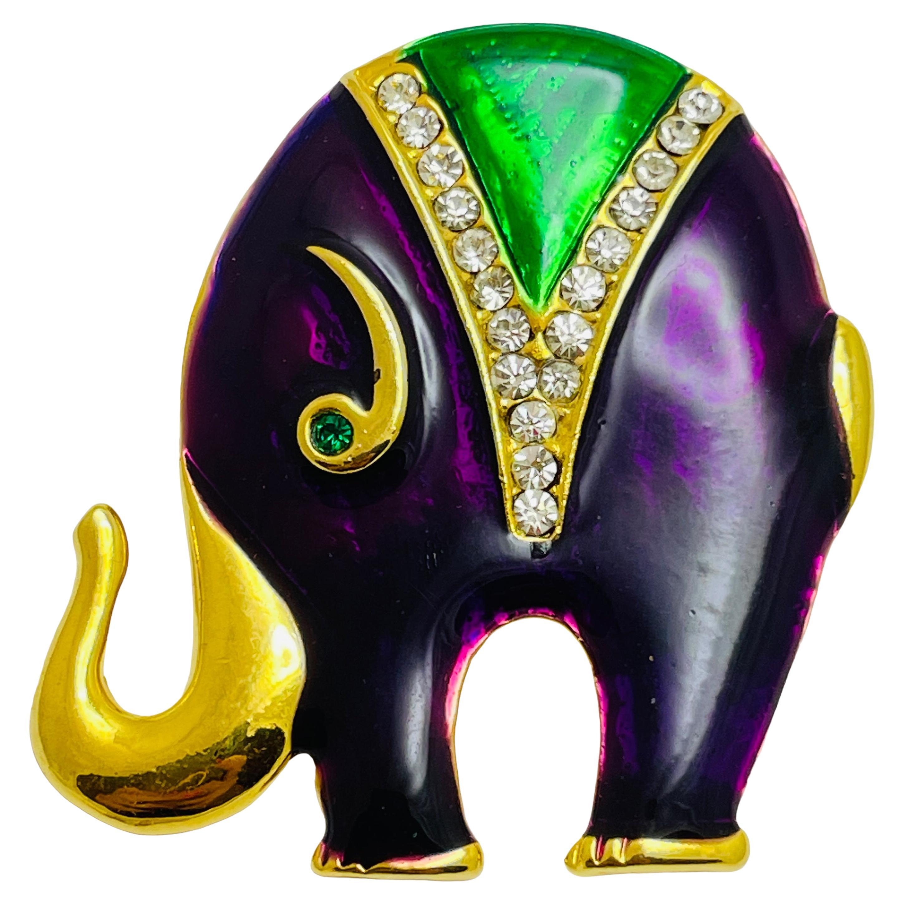 Vintage gold tone rhinestones enamel elephant designer brooch For Sale