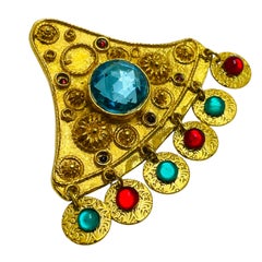Vintage gold tone rhinestones etruscan dangle designer brooch
