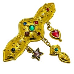 Vintage gold tone rhinestones etruscan dangle designer brooch