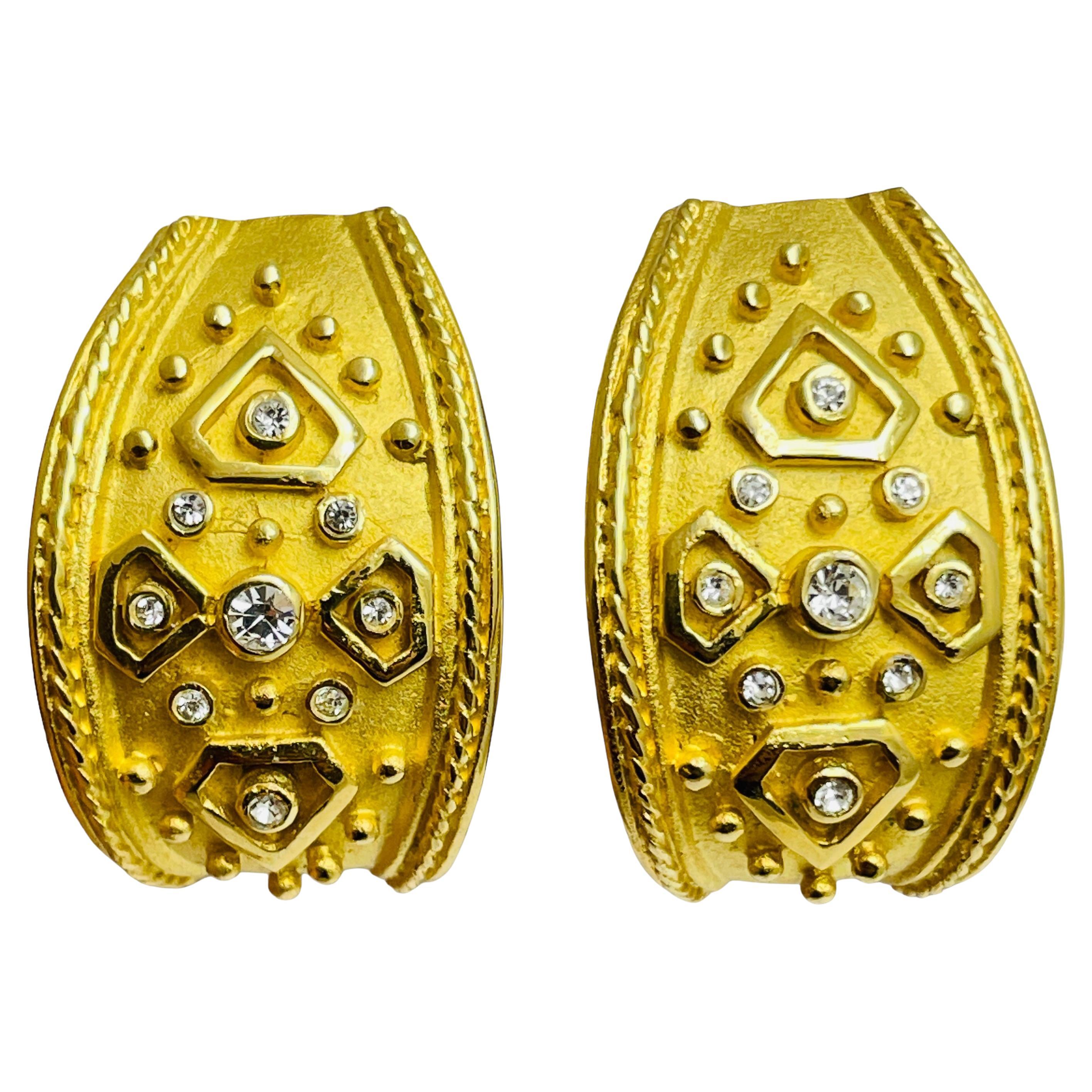 Vintage gold tone rhinestones etruscan designer clip on earrings