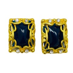 Vintage gold tone rhinestones glass designer clip on earrings