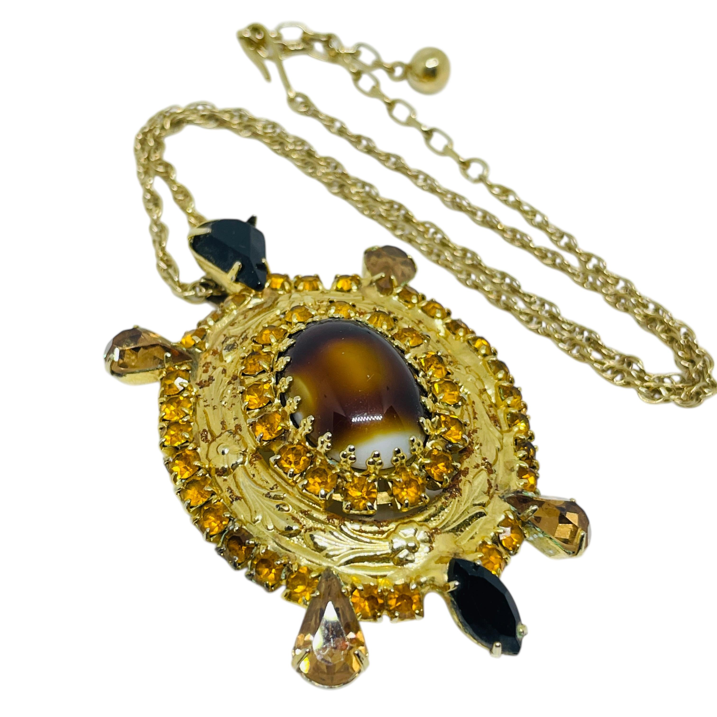 Women's or Men's Vintage gold tone rhinestones glass turtle pendant necklace For Sale