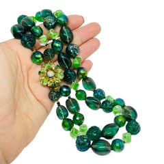 Vintage gold tone rhinestones green glass designer multi strand beaded necklace