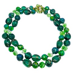 Vintage gold tone rhinestones green glass designer multi strand beaded necklace