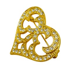 Vintage gold tone rhinestones heart designer brooch