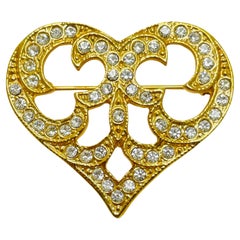 Vintage gold tone rhinestones heart designer brooch