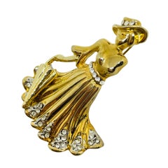 Vintage gold tone rhinestones lady pin brooch