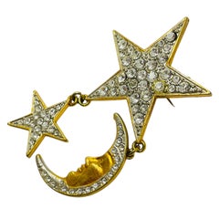 Vintage gold tone rhinestones moon stars dangle designer brooch