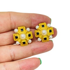 Vintage gold tone rhinestones pearls Maltese cross designer clip on earrings