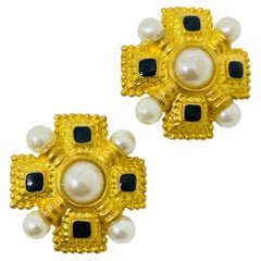 Vintage gold tone rhinestones pearls Maltese cross designer clip on earrings