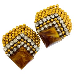 Boucles d'oreilles à clip vintage en résine avec strass et tons dorés des années 80