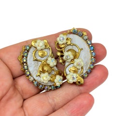 Vintage gold tone rhinestones resin mop 1960's designer clip on earrings