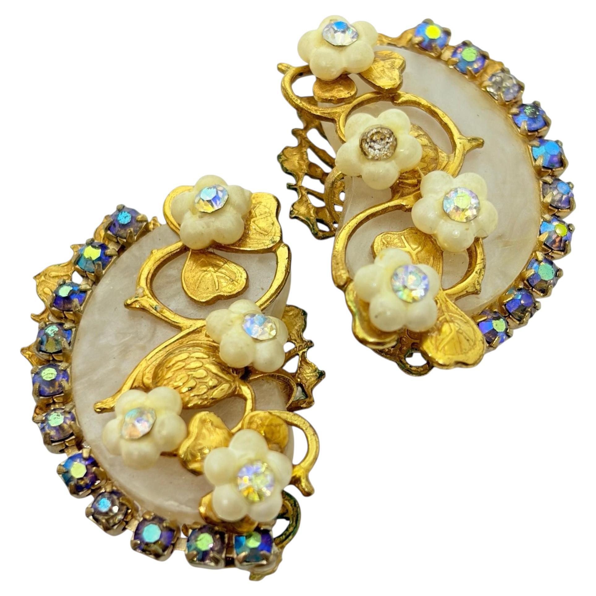 Orecchini a clip vintage in resina color oro con strass, stile anni '60