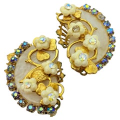 Vintage gold tone rhinestones resin mop 1960's designer clip on earrings