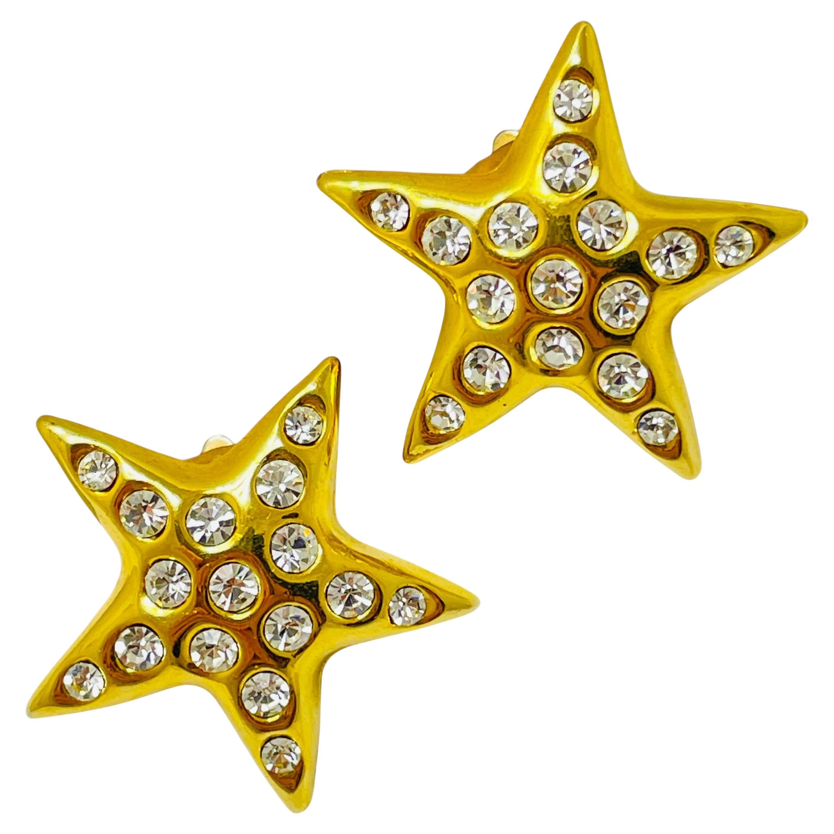 Vintage gold tone rhinestones star designer runway clip on earrings For Sale
