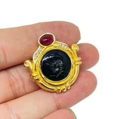 Vintage gold tone Roman glass onyx intaglio rhinestone designer enhancer pendant