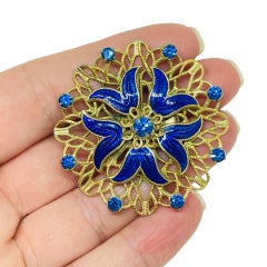 Vintage gold tone royal blue enamel rhinestones designer brooch