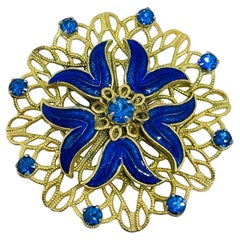Vintage gold tone royal blue enamel rhinestones designer brooch