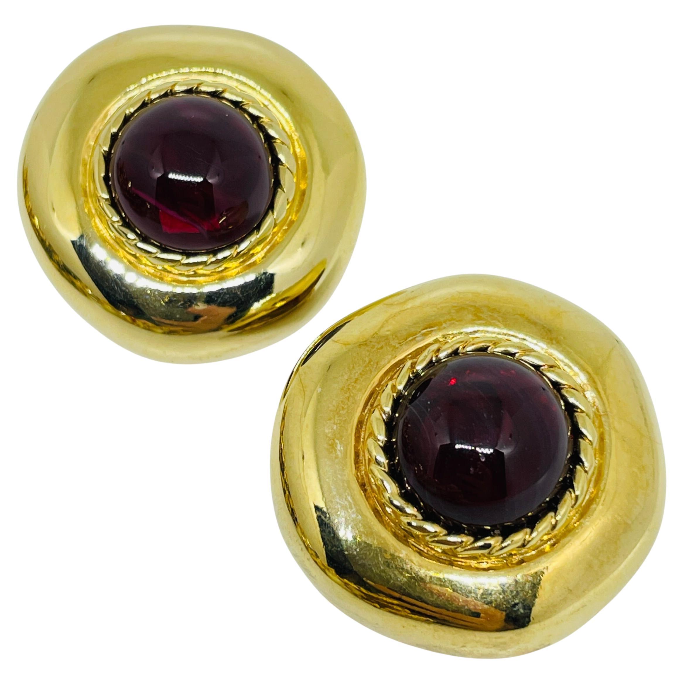 Vintage gold tone ruby red glass massive designer clip on earrings