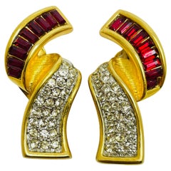 Vintage gold tone ruby red rhinestones designer runway clip on earrings