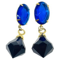 Vintage gold tone sapphire blue black resin pierced dangle earrings
