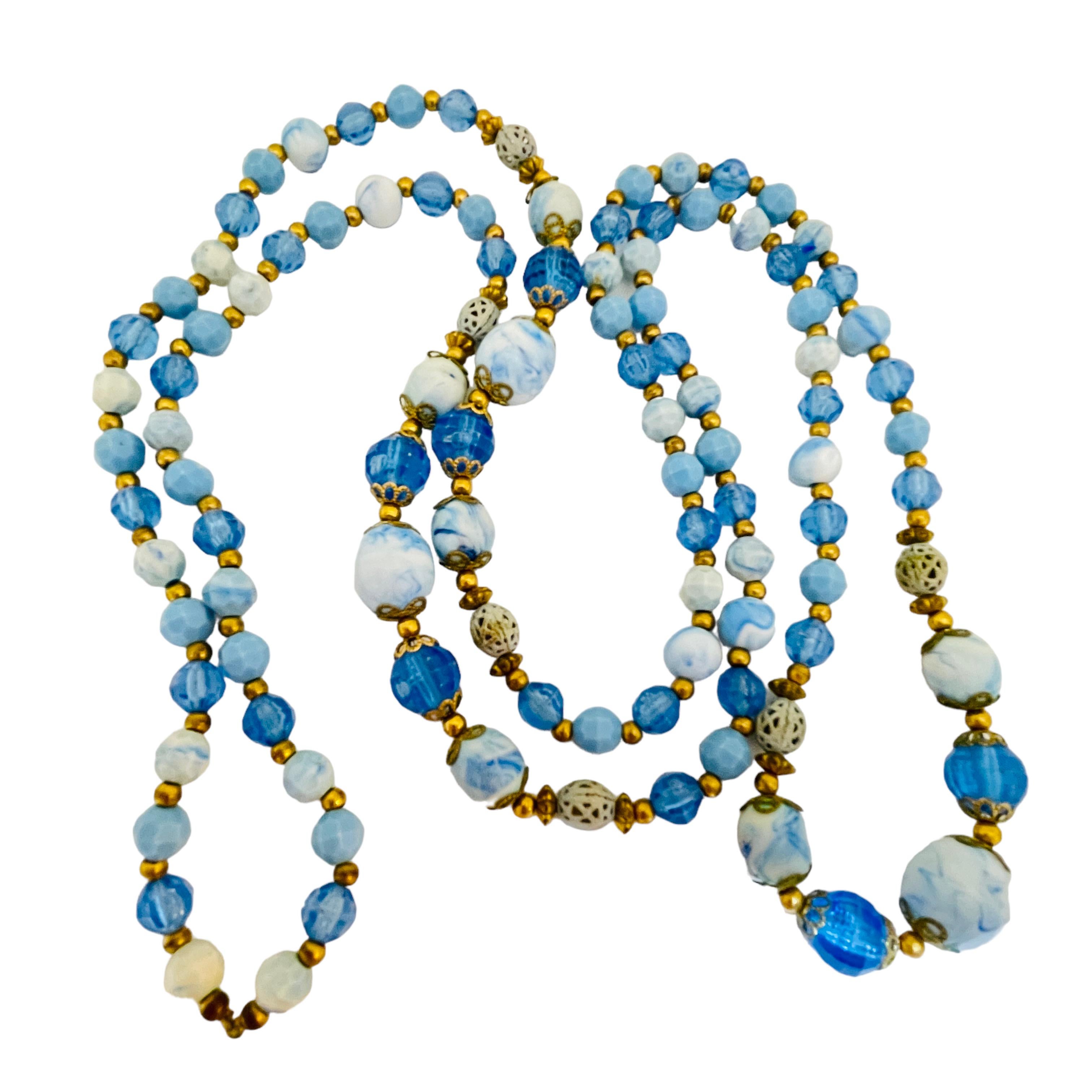 Vintage Gold Ton Saphir blau Milch weiß Kunst Glas Perlen Designer Halskette im Zustand „Gut“ im Angebot in Palos Hills, IL