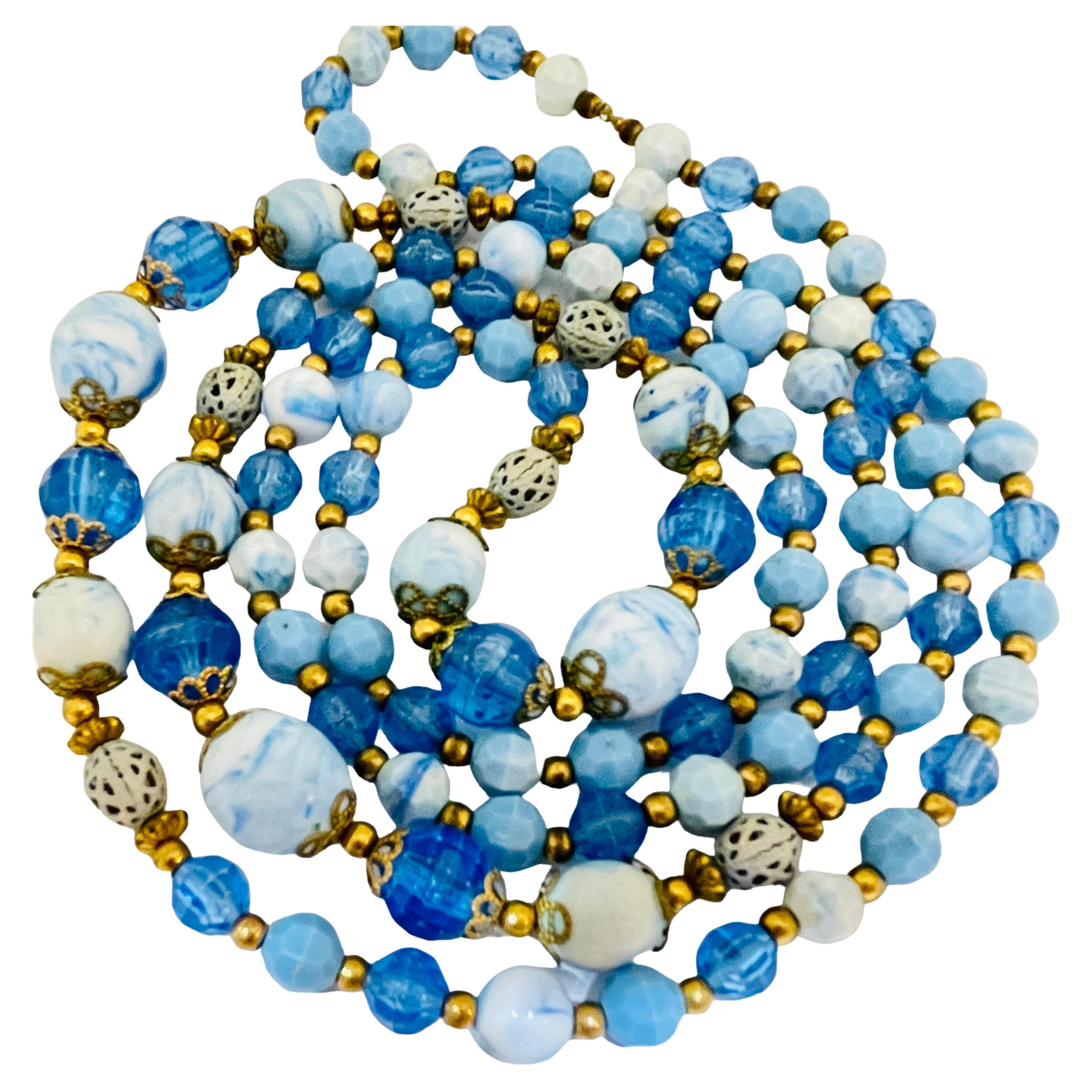 Collana d'epoca in vetro artistico con perline in tonalità oro, blu zaffiro e bianco latte