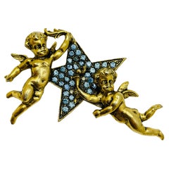 Vintage gold tone sapphire blue rhinestones cherub angels starr designer brooch