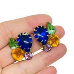 Vintage gold tone sapphire emerald glass designer clip on earrings