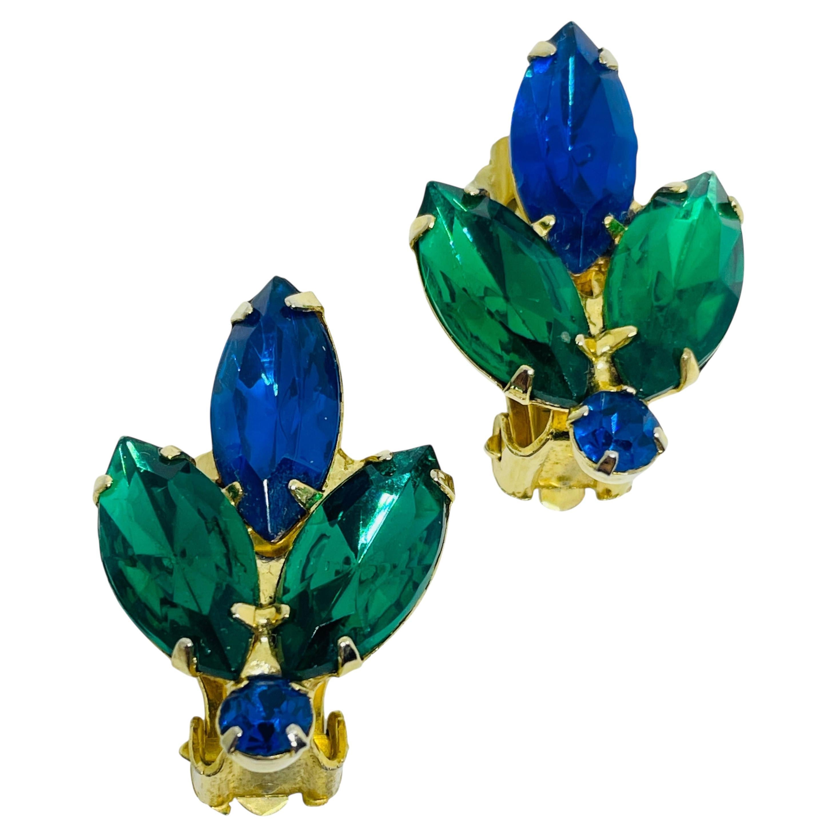 Vintage gold tone sapphire emerald glass designer clip on earrings