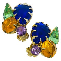 Vintage gold tone sapphire emerald glass designer clip on earrings
