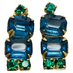 Vintage gold tone  sapphire emerald rhinestones designer clip on earrings