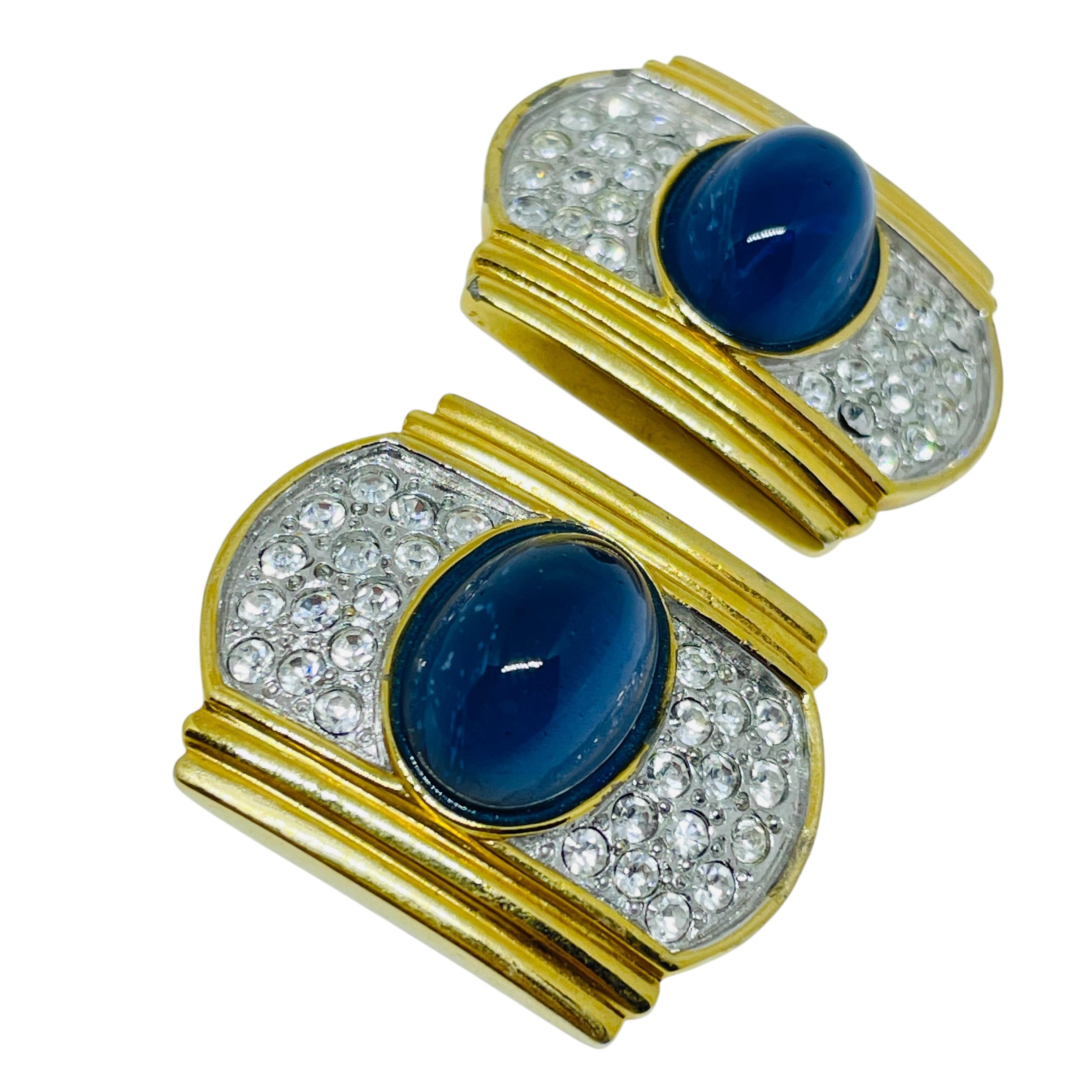 da uomo o donna Orecchini a clip d'epoca in vetro zaffiro, designer di Jewell, tono oro in vendita