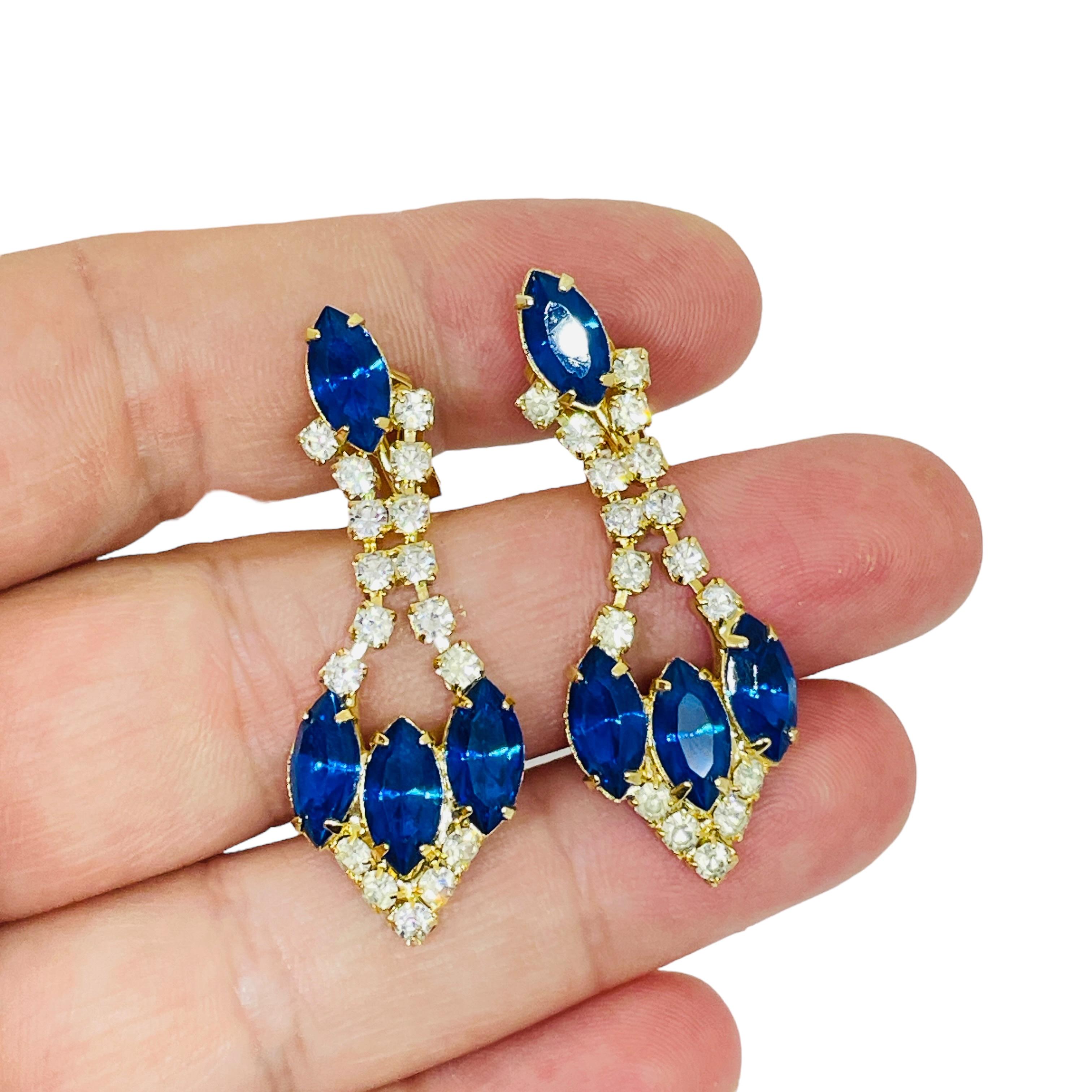 Vintage Gold Ton Saphir Strass baumeln Designer Clip auf Ohrringe Damen im Angebot