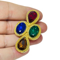 Vintage gold tone sapphire ruby emerald glass stones designer brooch