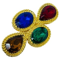 Vintage gold tone sapphire ruby emerald glass stones designer brooch