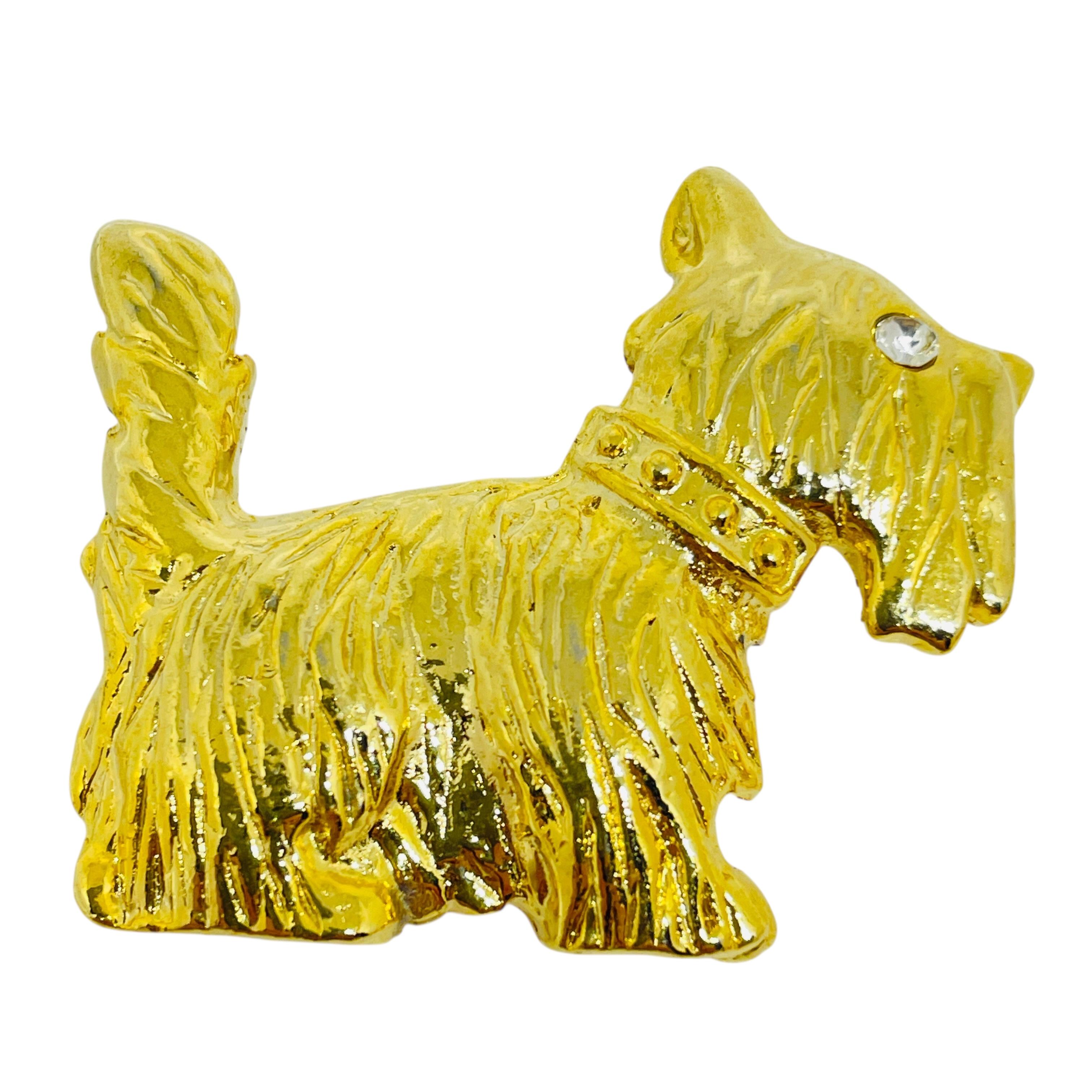 Broche de diseño vintage tono oro perro schnauzer cachorro ojos strass