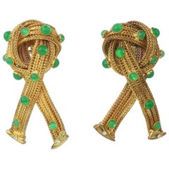 Vintage Gold Tone Serpentine Mesh Earrings With Green Stones