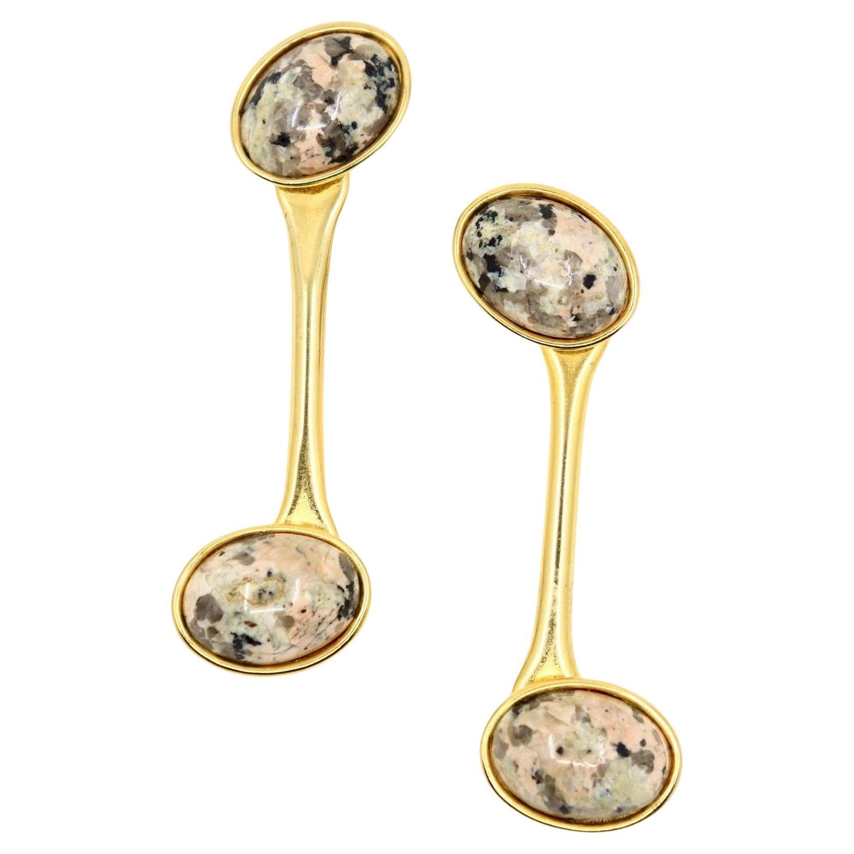 Vintage Gold Tone Signed Faux Marble Cabochon Earrings For Sale