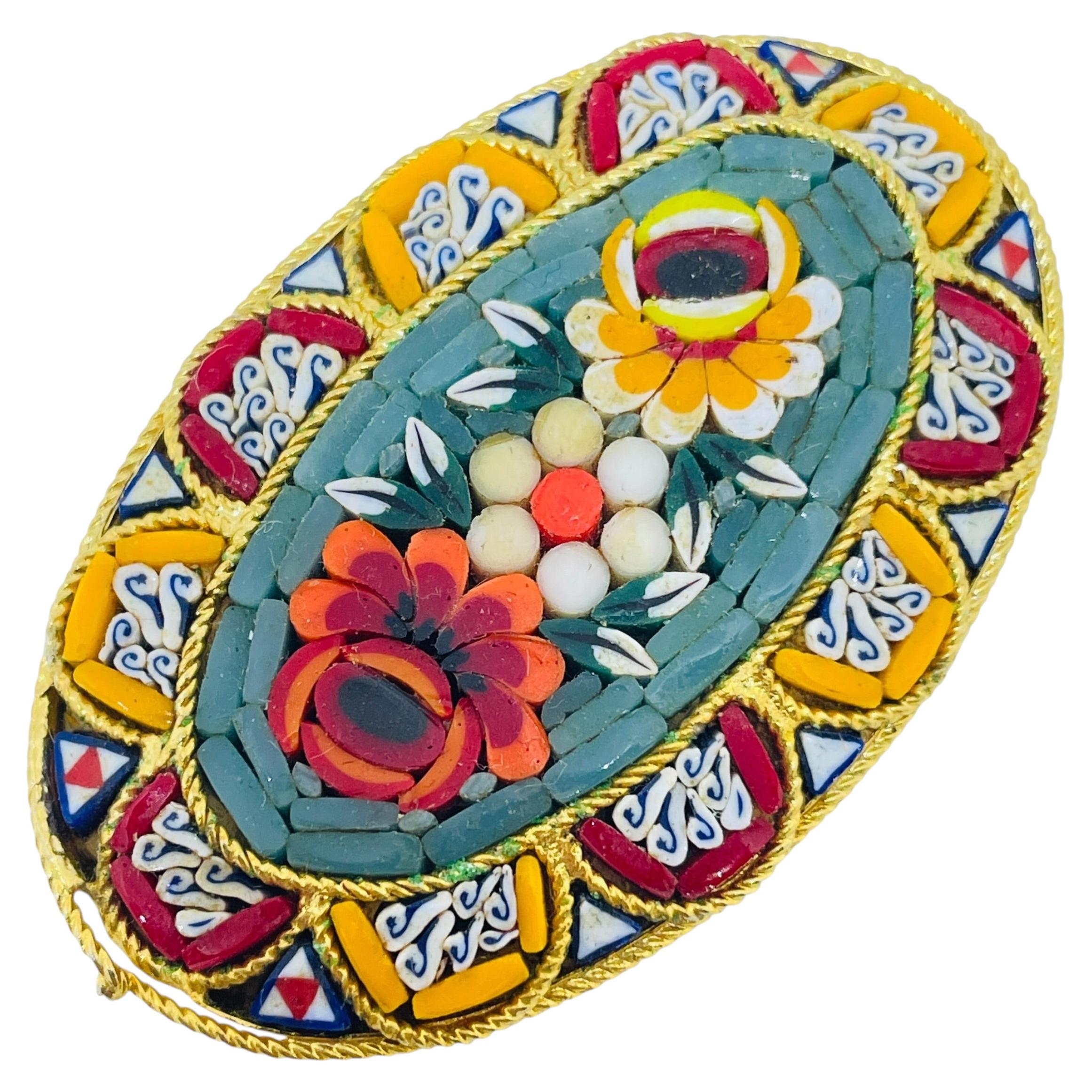 Vintage gold tone signed Italian micro mosaic colorful brooch